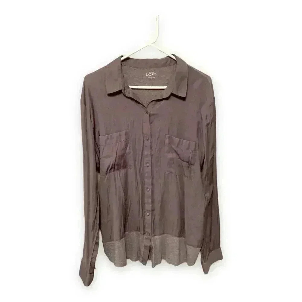 Ann Taylor Loft 2 Tone Gray Button Down Long Sleeve High Low Lightweight Blouse - Picture 3 of 10